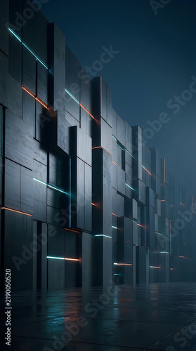Modern office building exterior with glowing neon light lines at night under a dark green night sky