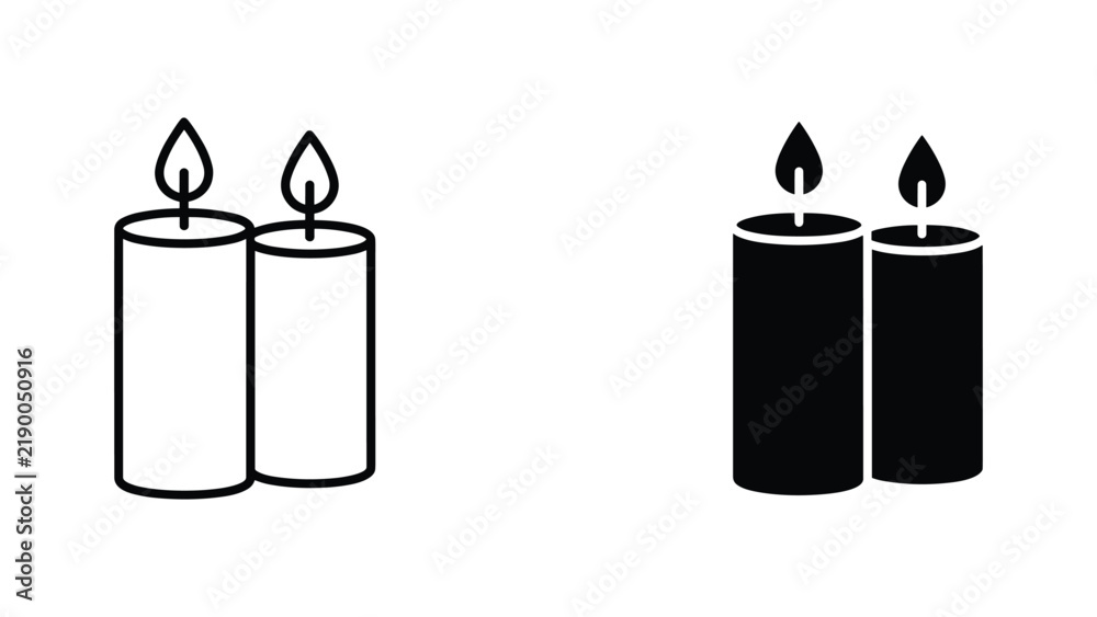 Obraz premium Two burning candles vector icon set in outline and solid styles for church decor