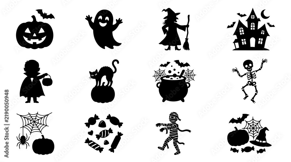 Fototapeta premium Black Halloween Silhouette Vector Clipart, Pumpkin Witch Broom Bat and Candy Corn Icon Bundle