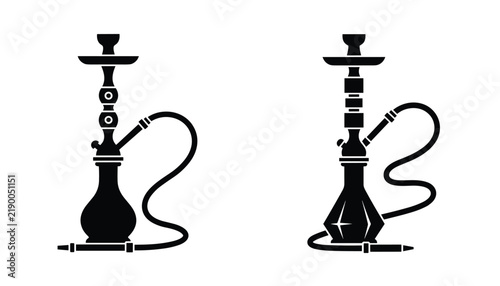 Two different black silhouettes of traditional arabic hookah pipes isolated on a clean white background.