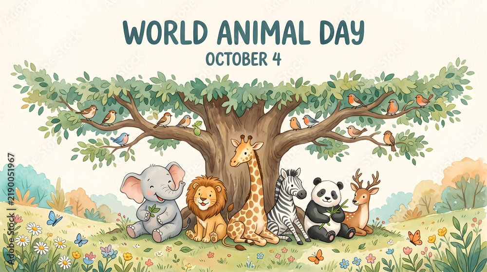 Fototapeta premium World animal day banner showing cute cartoon safari animals gathered under large leafy oak tree full of songbirds in rolling green hills with colorful wildflowers.