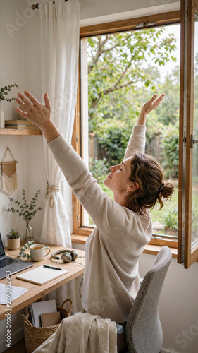 Remote worker taking mental health break stretching arms by open window looking at green outdoor trees