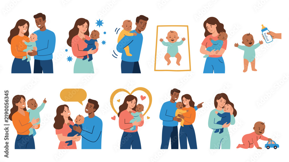 Fototapeta premium Happy parents interacting with newborn babies in everyday scenarios.