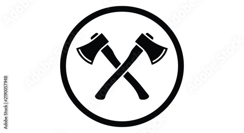 Two crossed axes within a circular frame a black silhouette on white