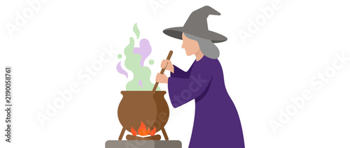 Bild auf Leinwand Cartoon Witch Cooking Magic Potion in Cauldron