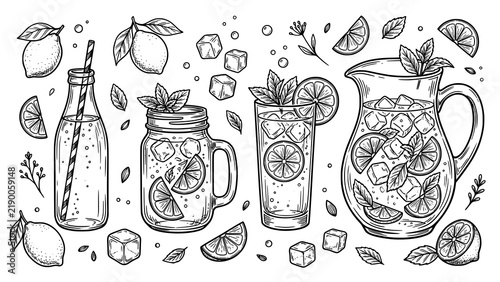 Hand drawn collection of refreshing lemonade drinks with lemons and mint leaves