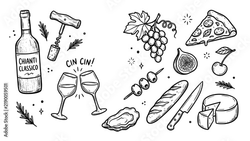 Hand drawn doodle set of italian food and wine for menu design