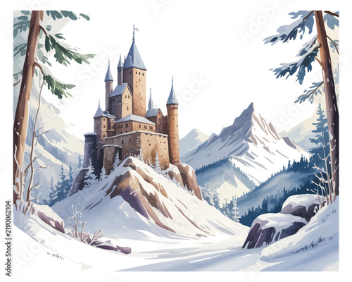 Watercolor Snowy Mountain Castle, Enchanted Winter Fortress Landscape, Vector Illustration Isolated on White Background