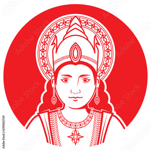 Line art illustration vector of smart Hindu god dress with crown drawing in red and white