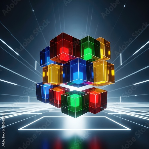 An array of vibrant glass cubes in various colors floating in a futuristic digital space, featuring sharp geometric lines and reflections, refraction, digital, square