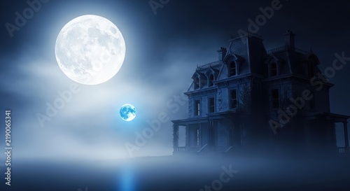 An eerie blue light floats toward a derelict old mansion under the brilliant light of a massive full moon in a foggy midnight sky, shadow, dreamlike, night