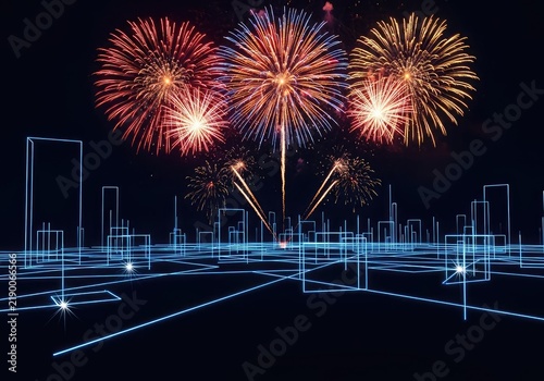 Vibrantly glowing fireworks explode over a dark digital landscape with blue neon lines and sparkling light effects for a festive celebration, explosion, patterns, dark