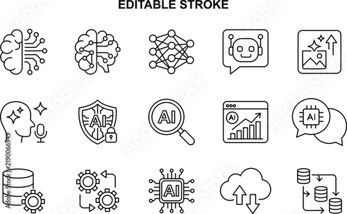 Ai Automation And Artificial Intelligence Technology Editable Stroke Outline Icons Set
