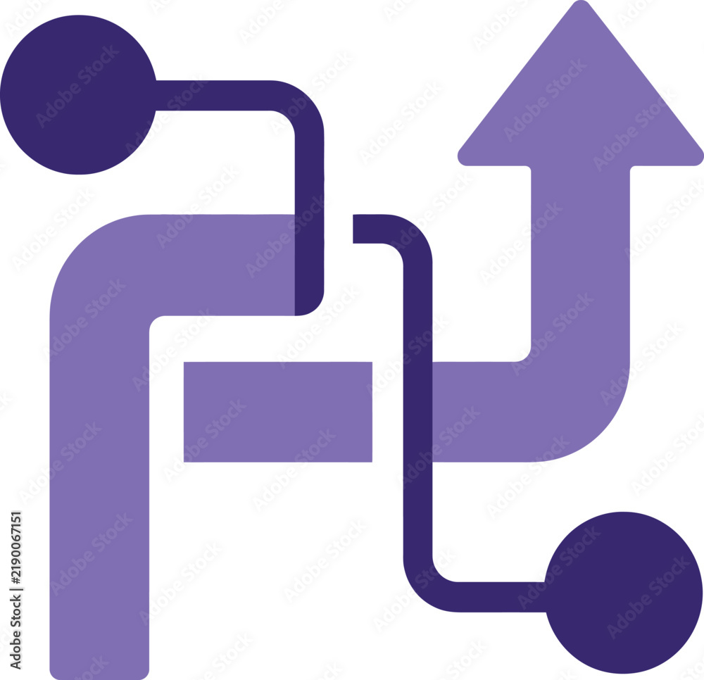 Obraz premium Abstract purple icon representing data flow and connectivity with interconnected lines and directional arrow symbols