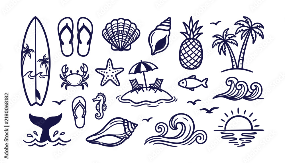 Obraz premium Summer Beach and Ocean Vacation Silhouette Icon Vector Set with Surfboard, Palm Trees, Shells, and Tropical Elements for Stamp and Logo Designs
