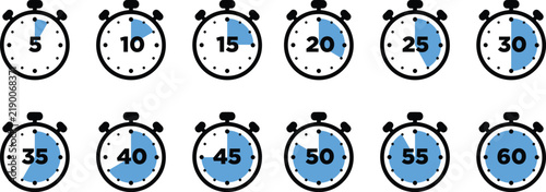 Fotografía Collection of stopwatch showing time intervals from 5 to 60 minutes in 5 minute
