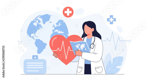 Doctor holding world map and heart with heartbeat, global healthcare concept illustration