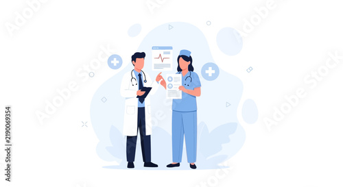 Doctor and Nurse Discussing Medical Chart with Digital Interface, Healthcare Teamwork Concept