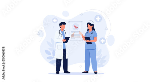 Doctor and Nurse Discussing Medical Chart with Heartbeat Line in Flat Design Style