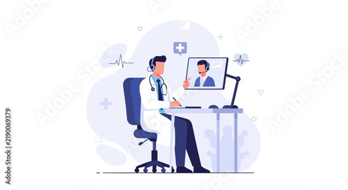 Doctor conducting online consultation via video call, healthcare technology and telemedicine concept