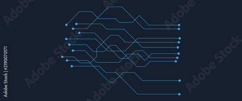 Futuristic circuit board pattern with blue digital lines, abstract technology background with electronic connection nodes, modern data processing vector for cyber security and AI