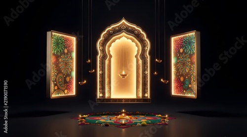 Elegant islamic archway with glowing golden lights and decorative panels for ramadan and eid celebrations