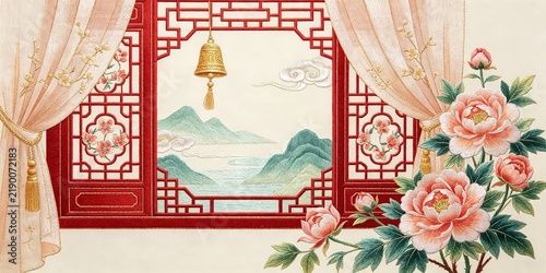 Traditional Chinese Embroidery Art Red Window Frame With Mountains Water Clouds Curtains Bell And Pink Peonies