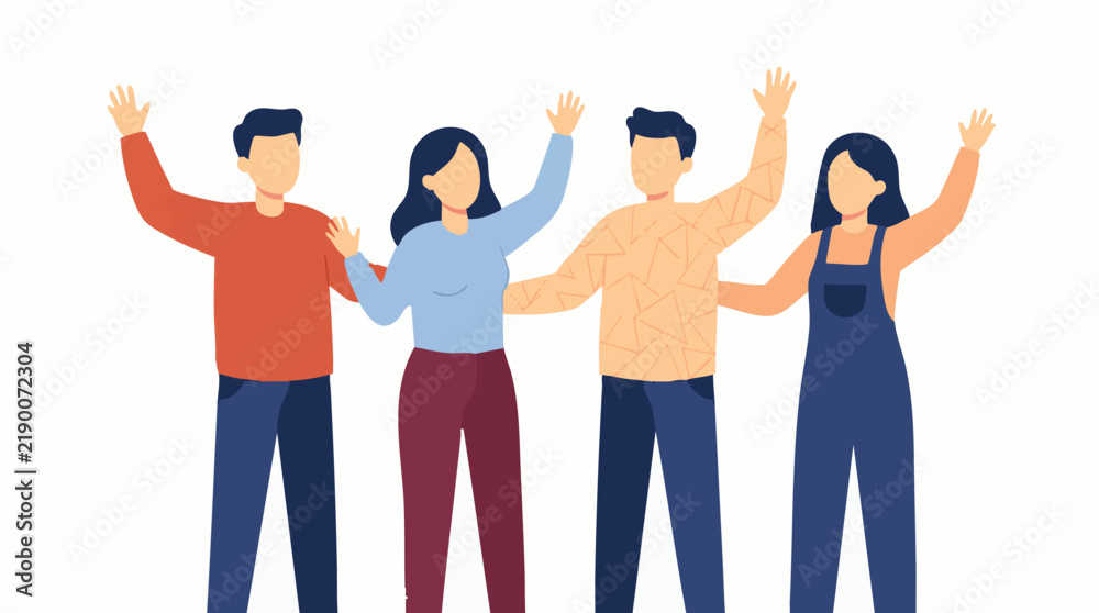Fototapeta premium Happy diverse group of people waving hands, flat cartoon illustration