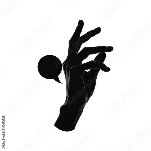 Minimalist black hand silhouette with speech bubble, conceptual communication icon, elegant human hand gesture for social media and messaging