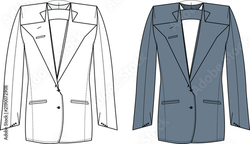 Foto Blazer Jacket Flat Sketch Outline and Colored Version Technical Fashion Drawing