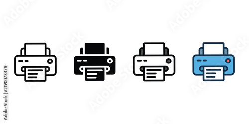 Printer document hardware vector icon set. Office equipment technology symbol collection. Simple pictograms for paper print, copy machine, business document, and website UI design.