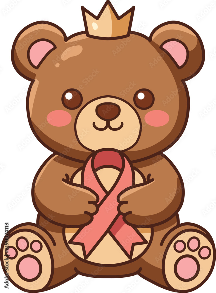 Obraz premium Cute brown teddy bear wearing a crown and holding a pink breast cancer awareness ribbon illustration.