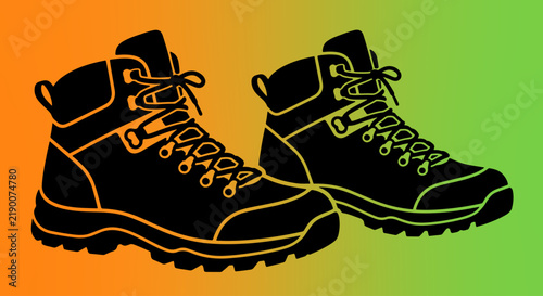 Black hiking boots silhouette illustration over bright gradient background showcases durable outdoor footwear designed for wilderness exploration travel