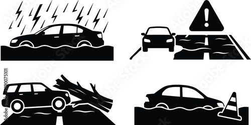 Car accident and flood disaster silhouette icon set with damaged road fallen tree and storm vectors