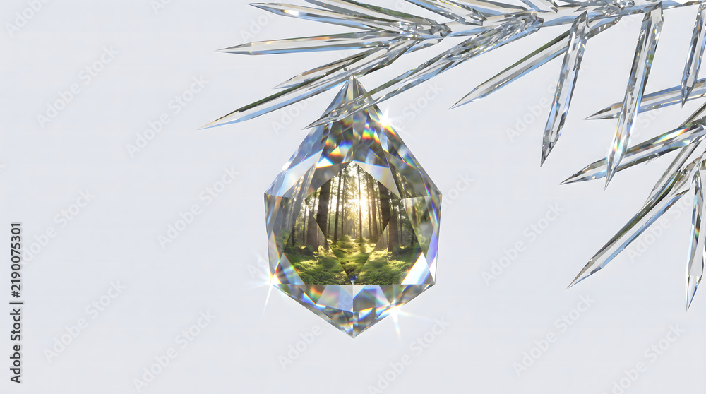 Obraz premium Multifaceted crystal diamond containing a sunlit forest scene hanging from a crystalline branch