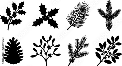 Set of black silhouettes of christmas plants and pine cone vector illustration