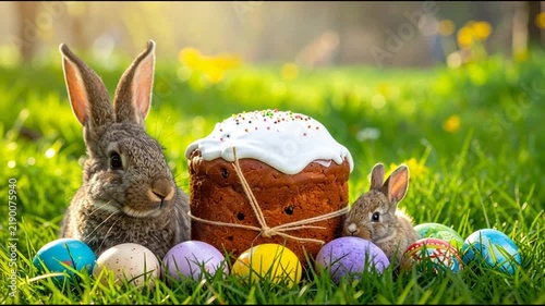 Easter Bunnies with Traditional Kulich Cake and Colorful Eggs in Sunny Spring Grass