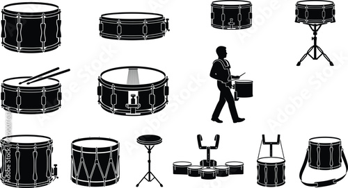 Marching band drums and percussion musical instruments vector silhouette icons set featuring snare drum and drummer musician