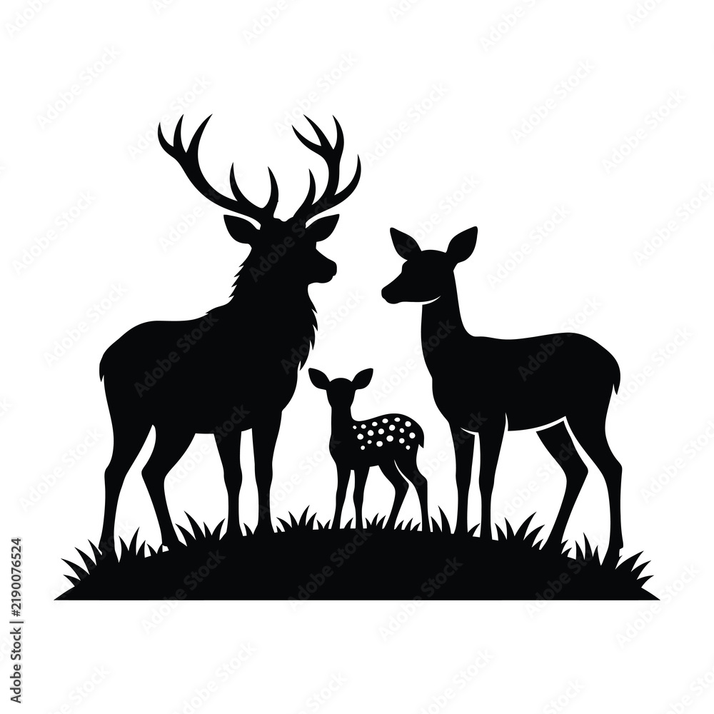 Obraz premium Deer family silhouette with buck doe and fawn standing together in grass