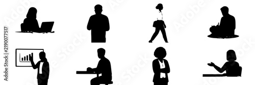 Business Silhouettes Set, Minimalist Icons Depicting Teamwork, Collaboration, and Professional Activities
