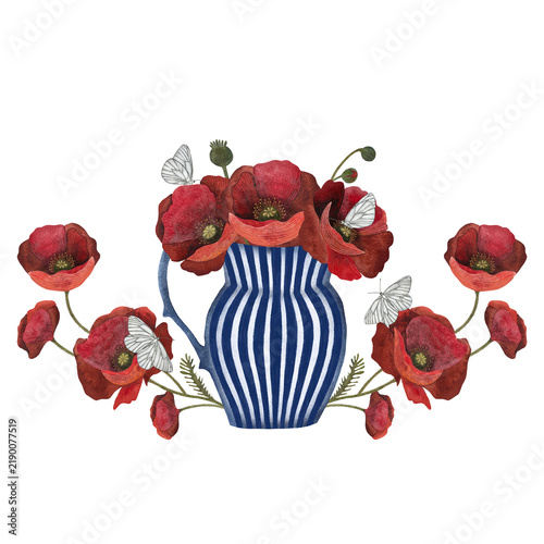 Watercolor of red poppies in a blue-white striped vase on white.