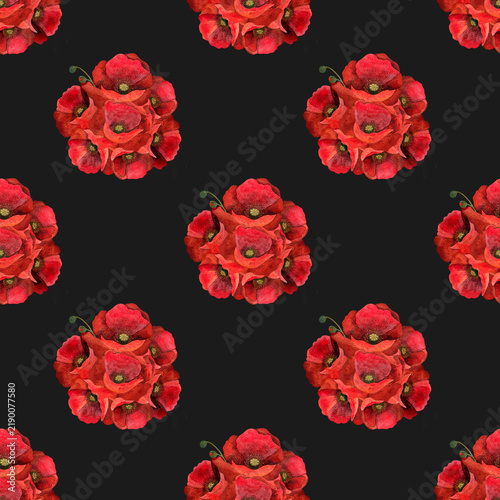 Watercolor seamless pattern of red poppies on black.