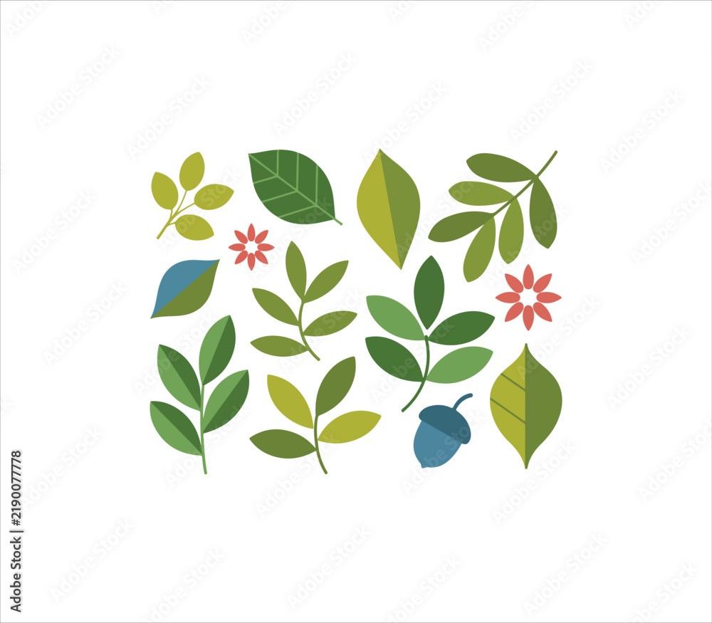 Obraz premium Flat design set of colorful autumn leaves and forest plants with acorns and flowers