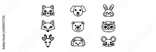 Animal Faces, Minimalist Line Icons Set, Simple Animal Head Illustrations, Graphic Design Elements, Vector Icons.