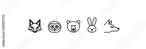 Animal Silhouettes Line Icons Set, Featuring Fox, Owl, Bear, Rabbit, and Dog Featuring Wildlife, Fauna