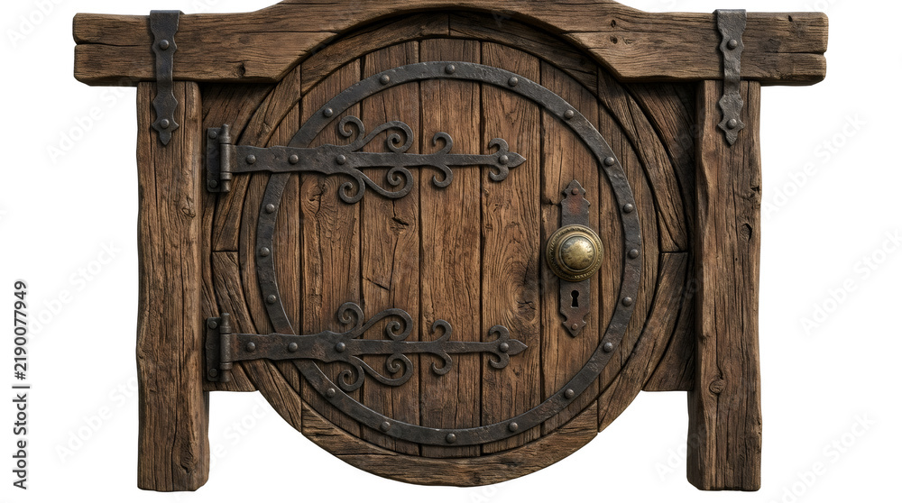 Obraz premium Rustic Round Wooden Hobbit Door with Decorative Wrought Iron Hinges, Fantasy Concept Asset Isolated on Light Background
