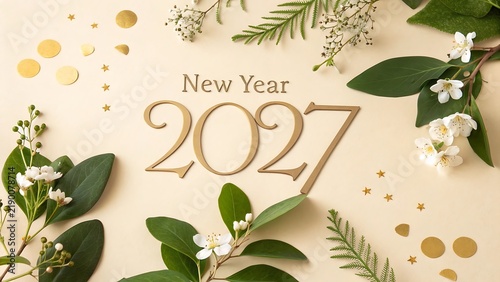 New Year 2027 text surrounded by botanical leaves and gold confetti on a beige background with copy space