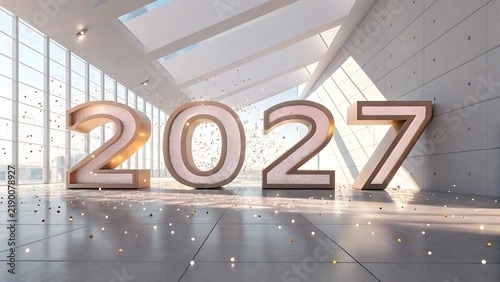 Large 3D glossy numbers 2027 standing in a bright modern architectural hall with confetti