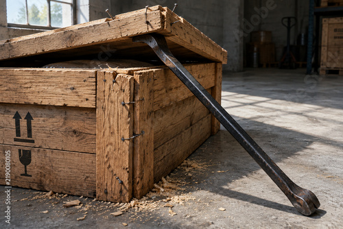 Steel pry bar opening wooden shipping crate lid, tools and construction concept