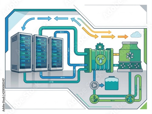 low carbon data center cooling Data center cooling system schematic with airflow and water circulation.